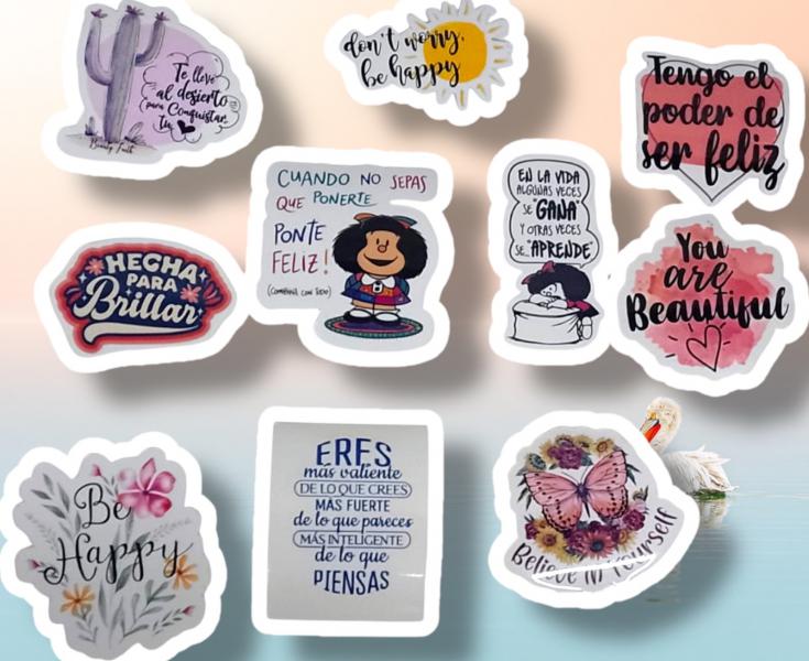 STICKER FRASES C/DIBUJO P/TERMO RESISTENTES X 10 UNID