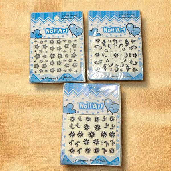 APLIQUE P/UÑAS STICKERS 3D BCO/NEG 10 X 7 CM