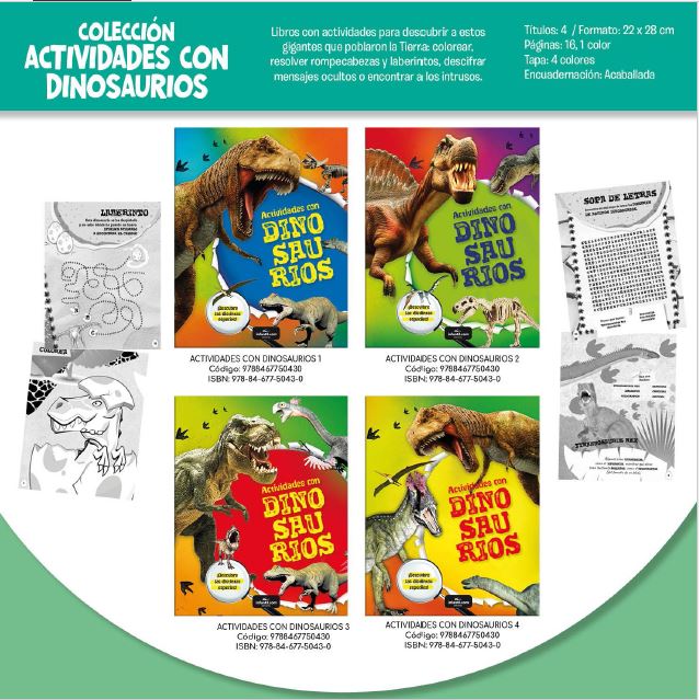 LIBRO ACTIVIDADES CON DINOSAURIOS 22*28- 4 TITULOS