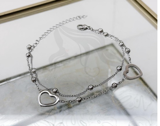 A.QUIR PULSERA FINA DOBLE CORAZON C/PERLAS 22CM