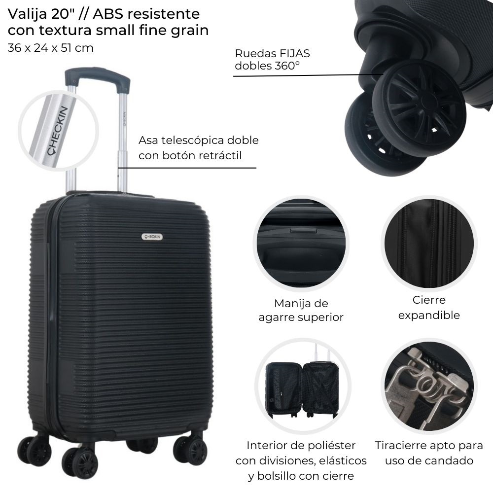 VALIJA HARD CHECK NEGRA EXPANDIBLE 4 RUEDAS 360°