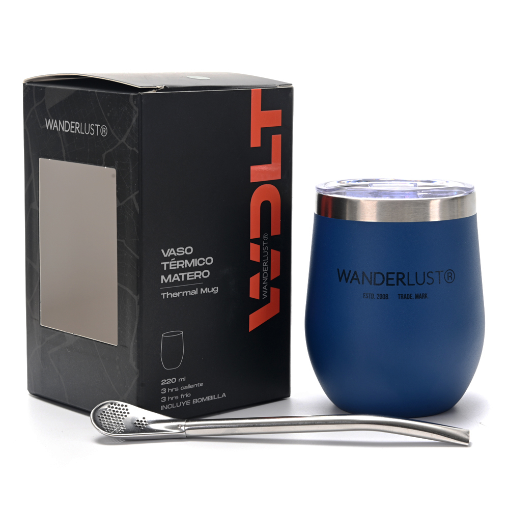 VASO/MATE TERMICO ACERO C/TAPA  WANDERLUST EN CAJA