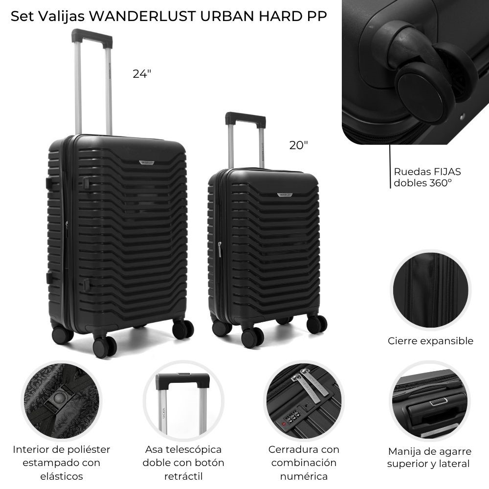 VALIJA * SET X 2 EXPANDINBLE WANDERLUST NEGRA 4 RUEDAS