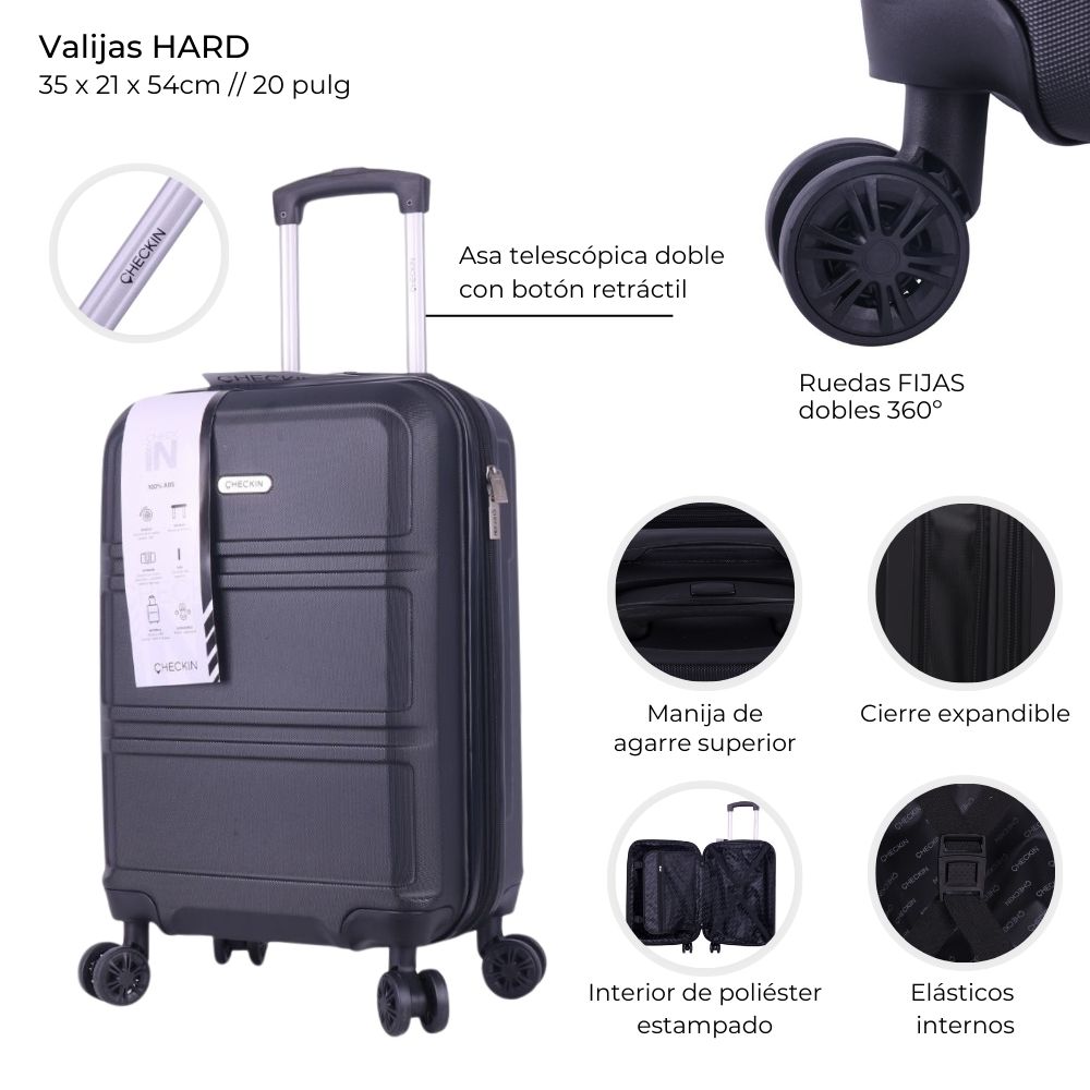 VALIJA HARD CHECK NEGRA EXPANDIBLE 4 RUEDAS 360°