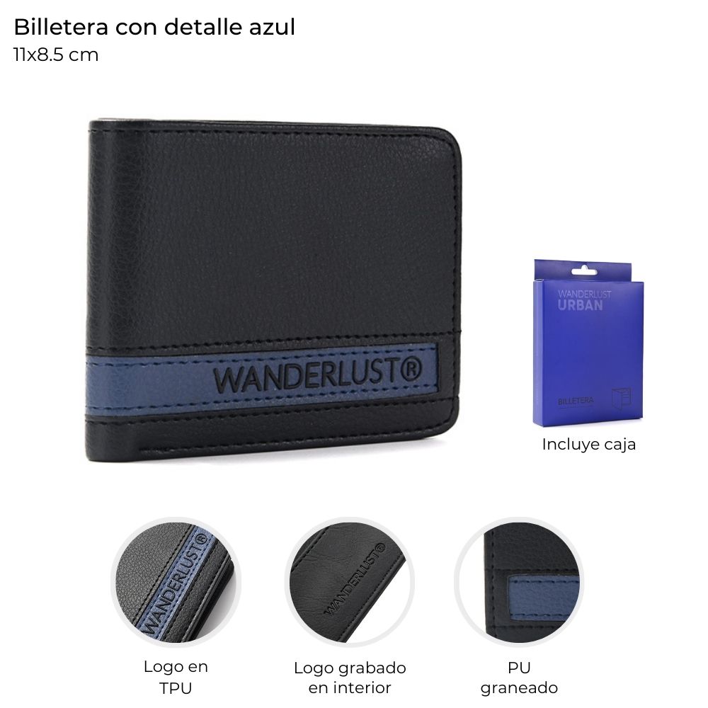 BILLETERA HOMBRE WANDERLUST 11*8.5 C/AZUL EN CAJA