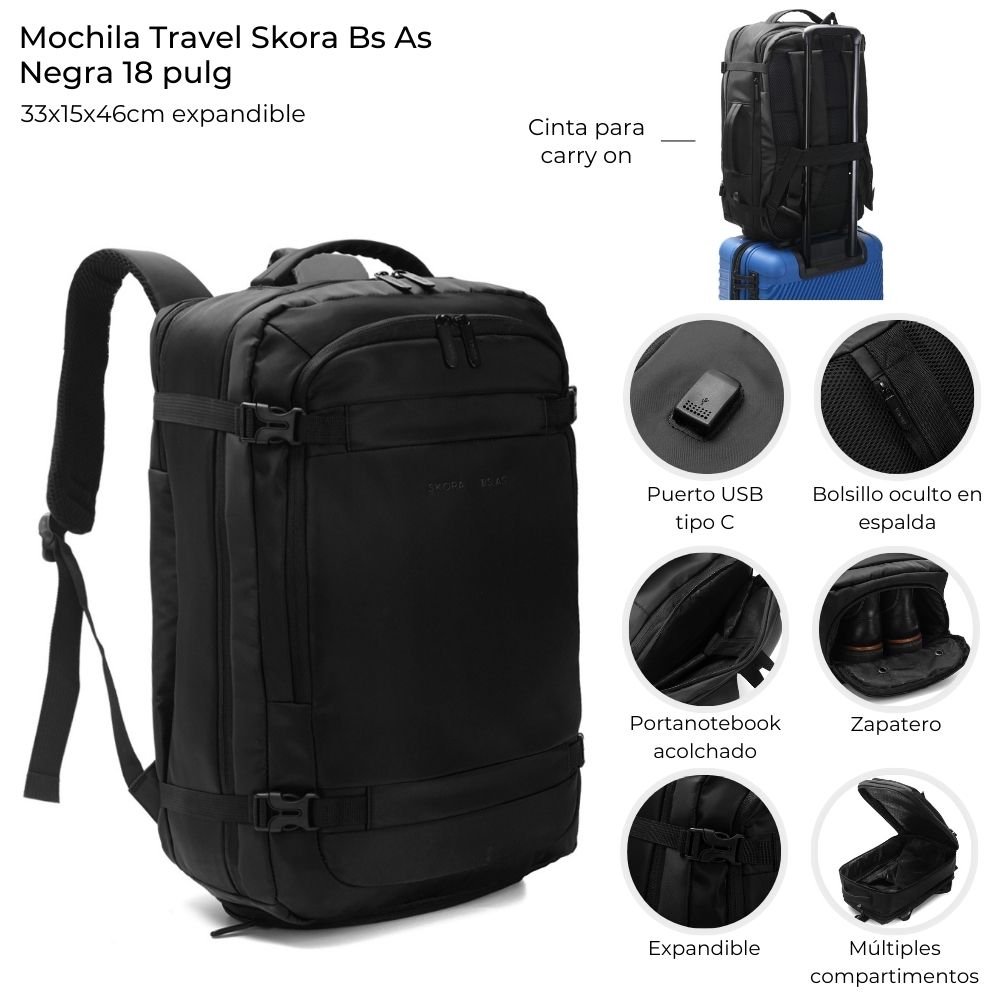 MOCHILA TRAVEL SKORA NEGRA 46*15*33