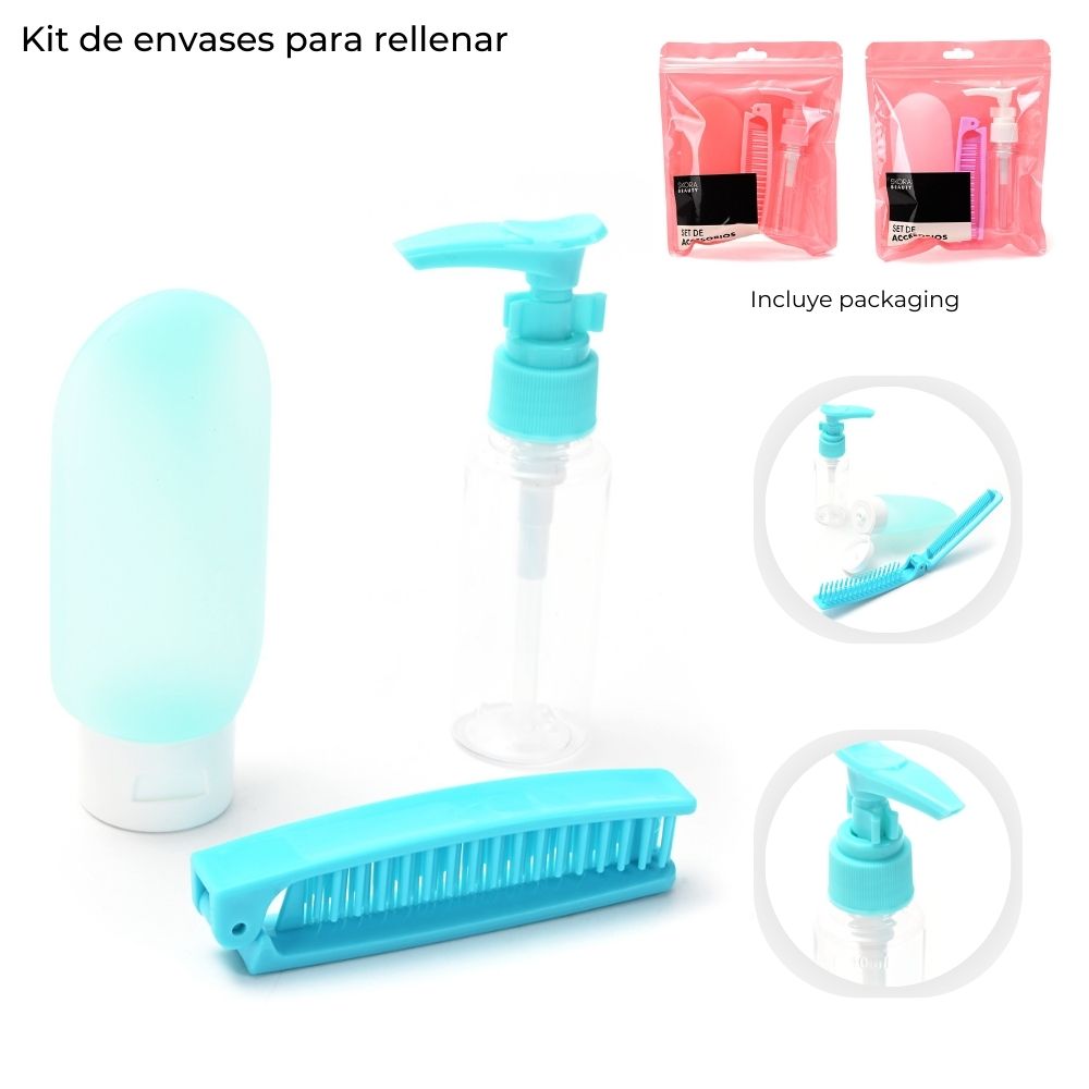 SET DE VIAJE * ENVASES P/RELLENAR Y PEINE X 3 UNID