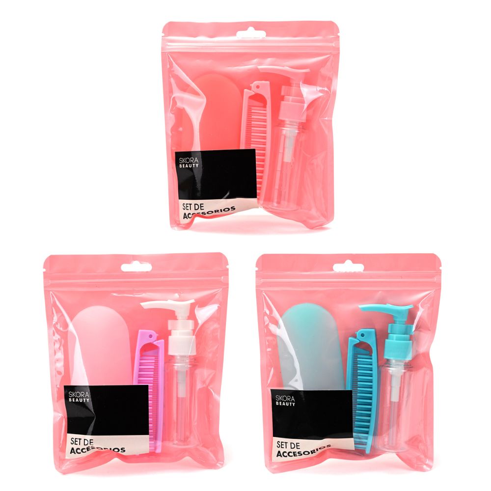 SET DE VIAJE * ENVASES P/RELLENAR Y PEINE X 3 UNID