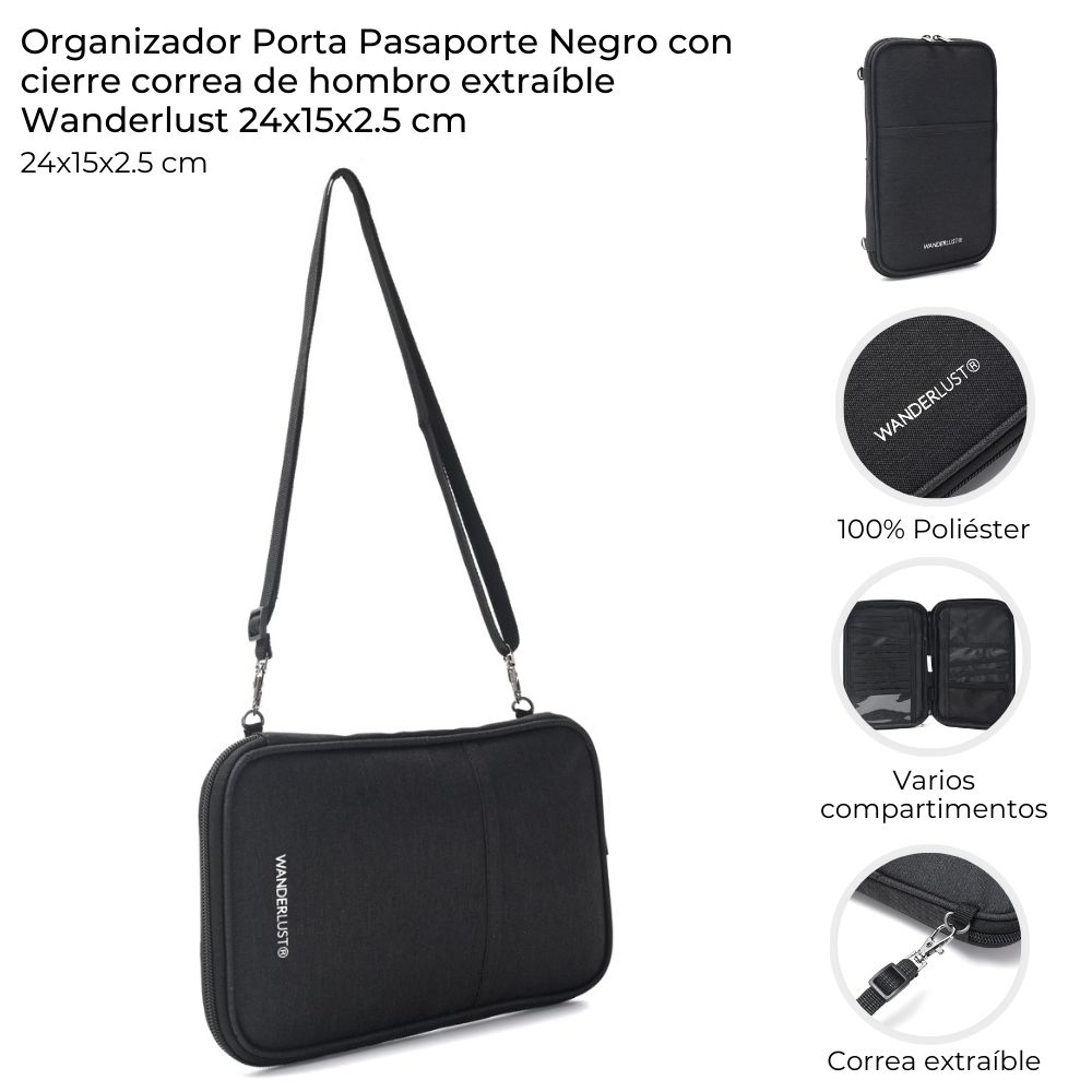 ORGANIZADOR PORTAPASAPORTE NEGRO C/CORREA 24*15*3