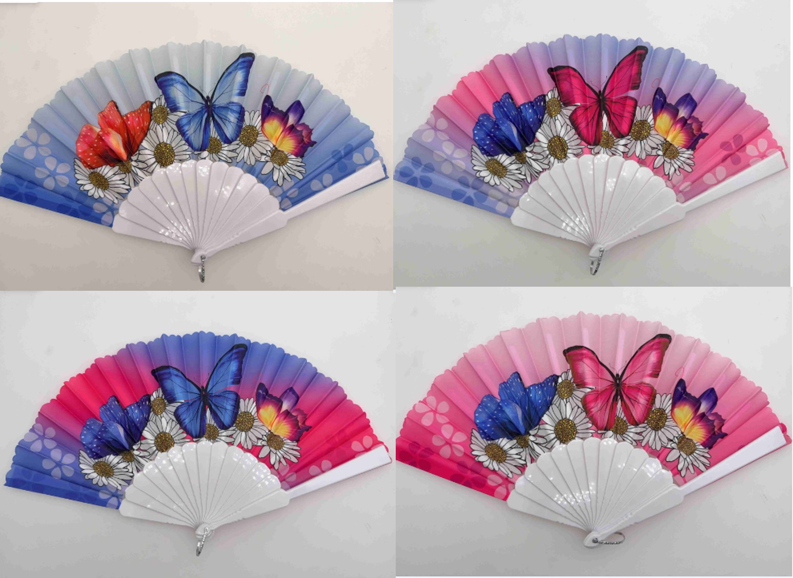 ABANICO BASE PLASTICA BLANCA FLORES Y MARIPOSAS